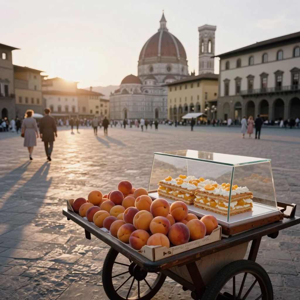 Vintage 1950s Florence Street Scene with Apricots and Mille-Feuille at Sunset in in Florence, Italy