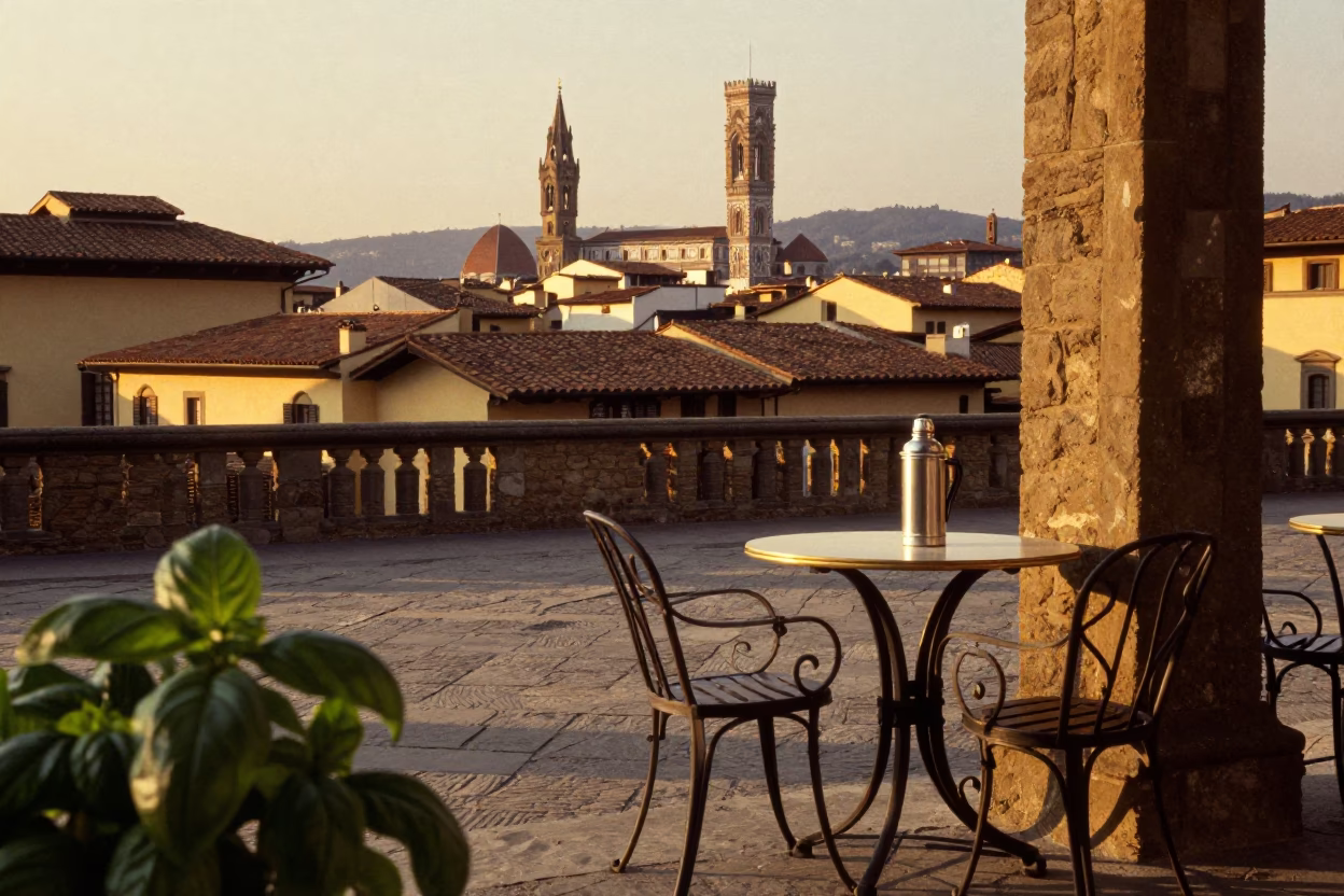 Vintage 1950s Florence Sunset Street Scene with Basil Leaves and Thermos on Cafe Table in in Florence, Italy