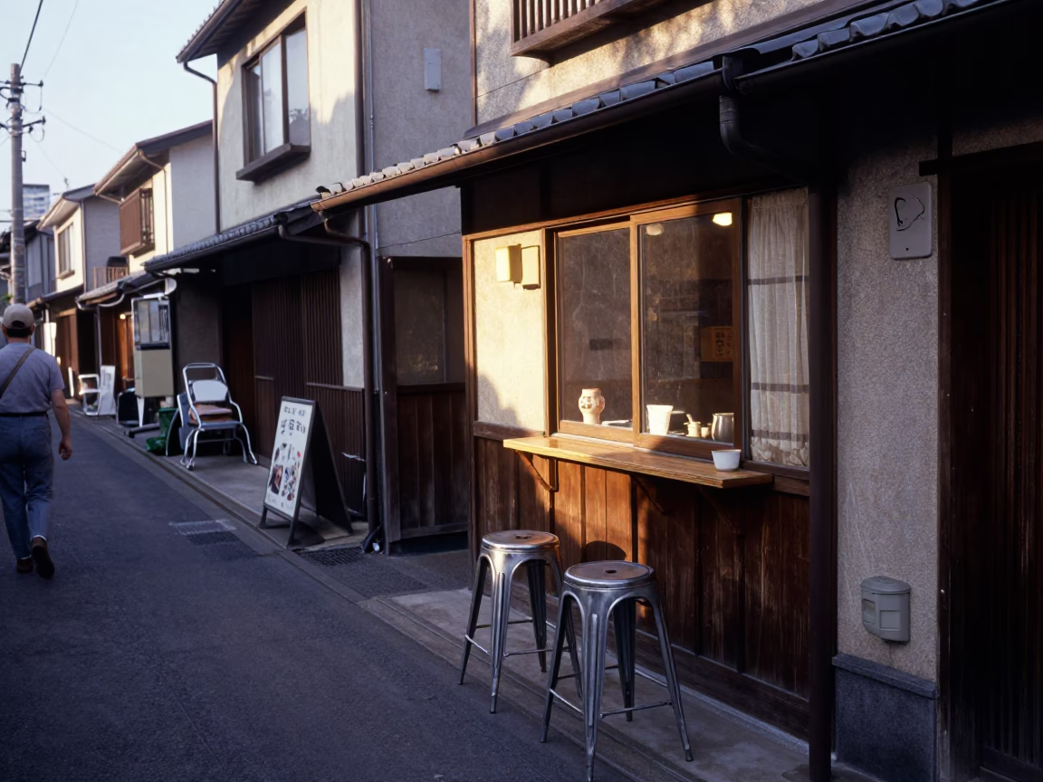 Vintage 1950s Fukuoka Street Scene with Metal Stools and Traditional Architecture in in Fukuoka, Japan