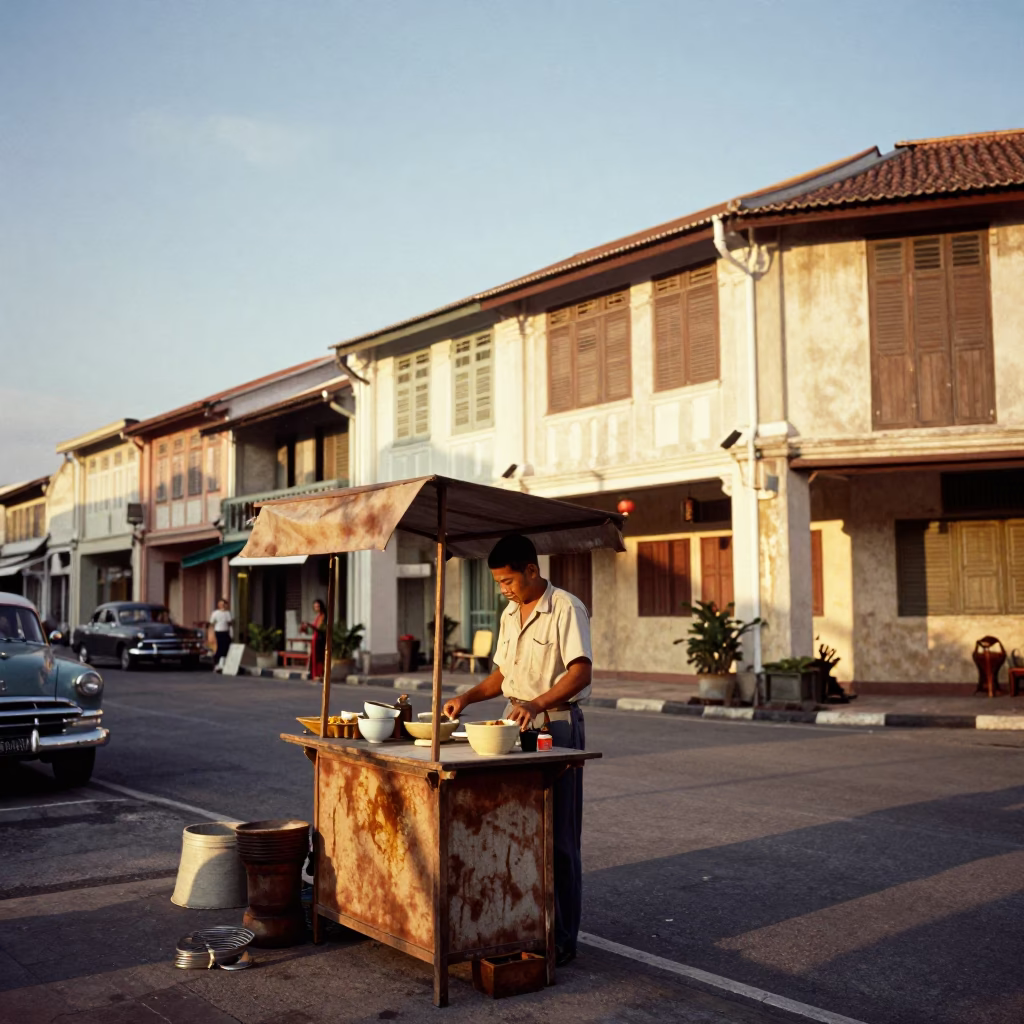 Vintage 1950s George Town Street Scene with Tea Stains and Daily Life in in George Town, Malaysia