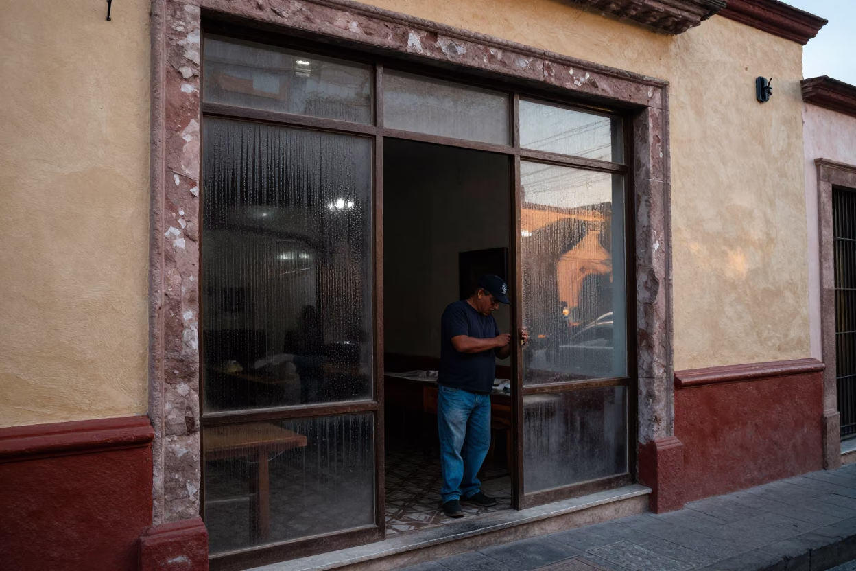 Vintage 1950s Guadalajara Street Scene with Condensation on Doorframe and Local Commerce in in Guadalajara, Mexico