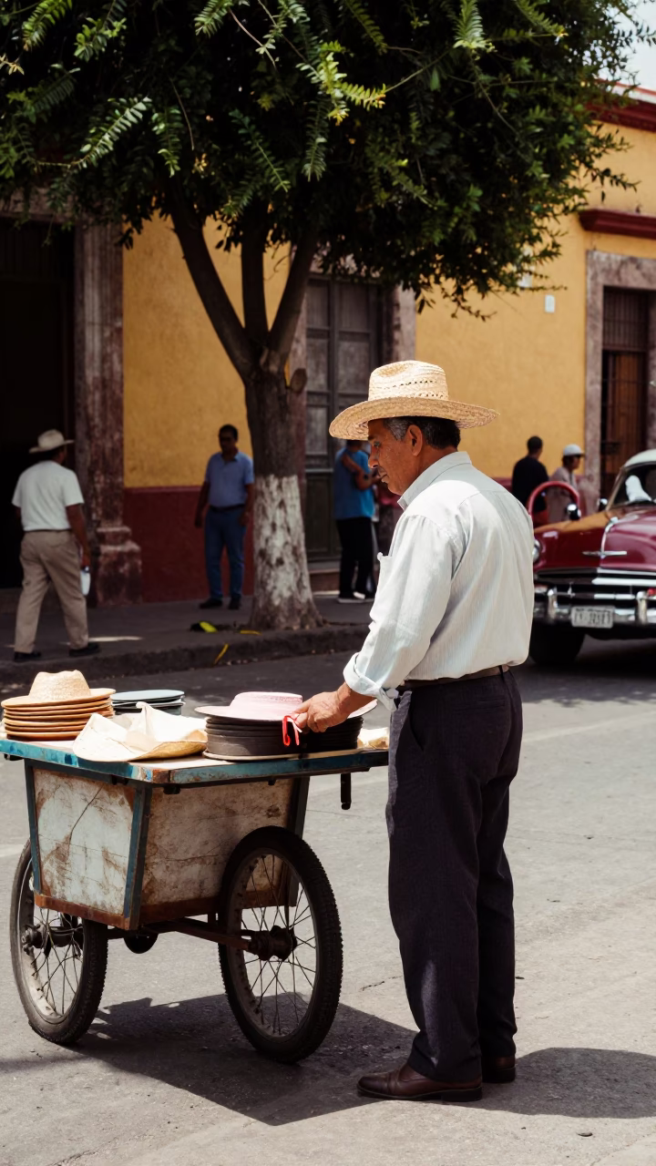 Vintage 1950s Guadalajara Street Scene with Straw Hat and Flowering Plant in in Guadalajara, Mexico