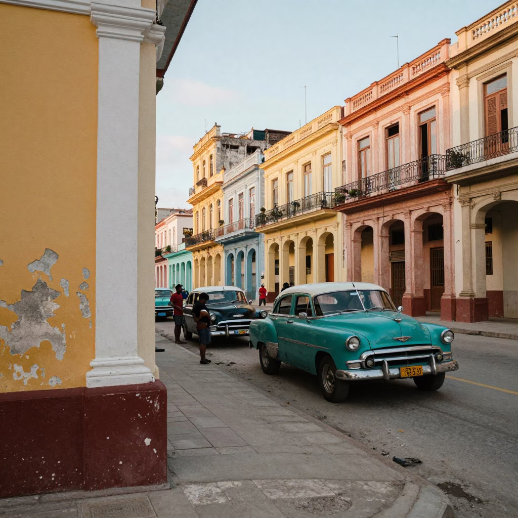 Vintage 1950s Havana Cuba street scene with colorful colonial architecture and local life in in Havana, Cuba