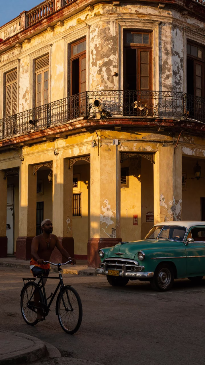 Vintage 1950s Havana Cuba Sunset Street Scene with Bicycle and Bakery in in Havana, Cuba