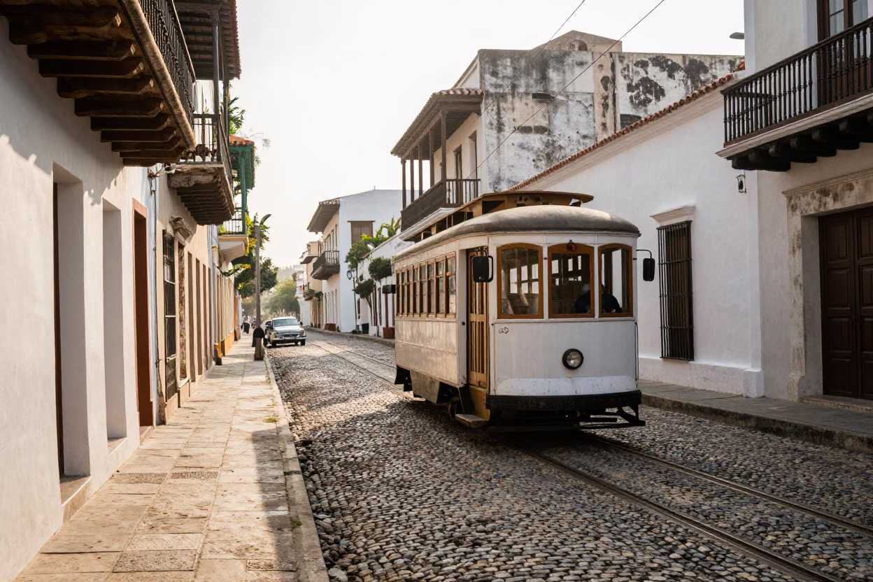 Vintage 1950s Heritage Tram Moving Along Cobblestone Avenue in Early Morning Cartagena Colombia in in Cartagena, Colombia