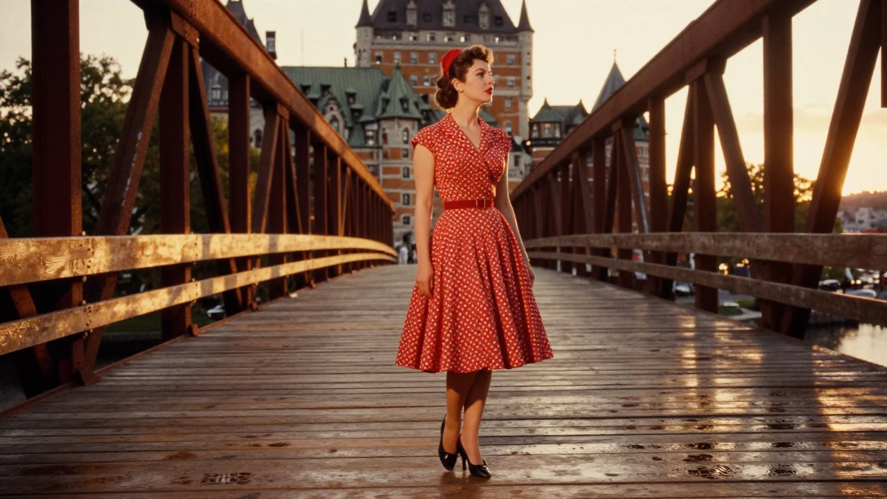Vintage 1950s High Fashion Evening Portrait on Quebec City Drawbridge Deck in in Quebec City, Quebec, Canada