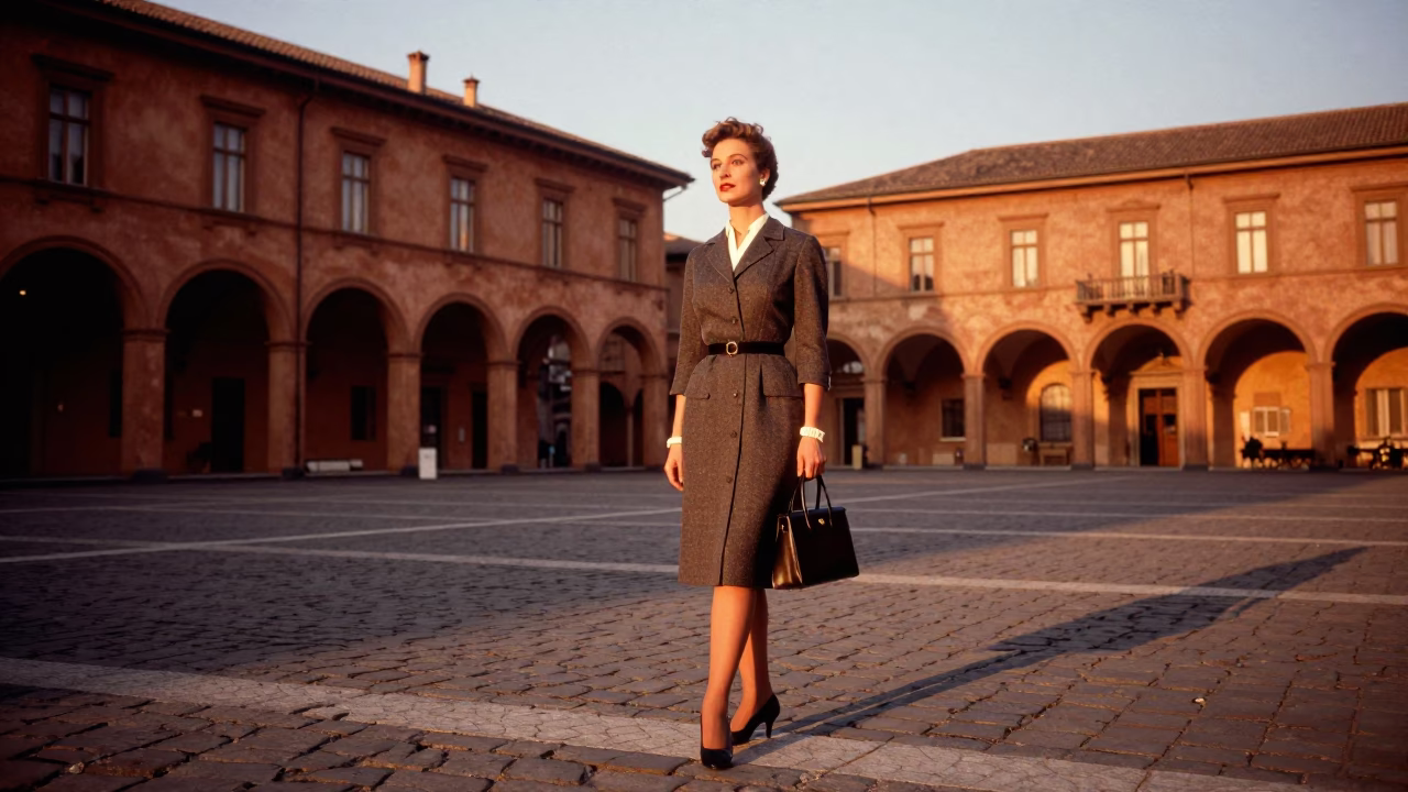Vintage 1950s High Fashion Portrait in Bologna Italy Evening Light in in Bologna, Italy