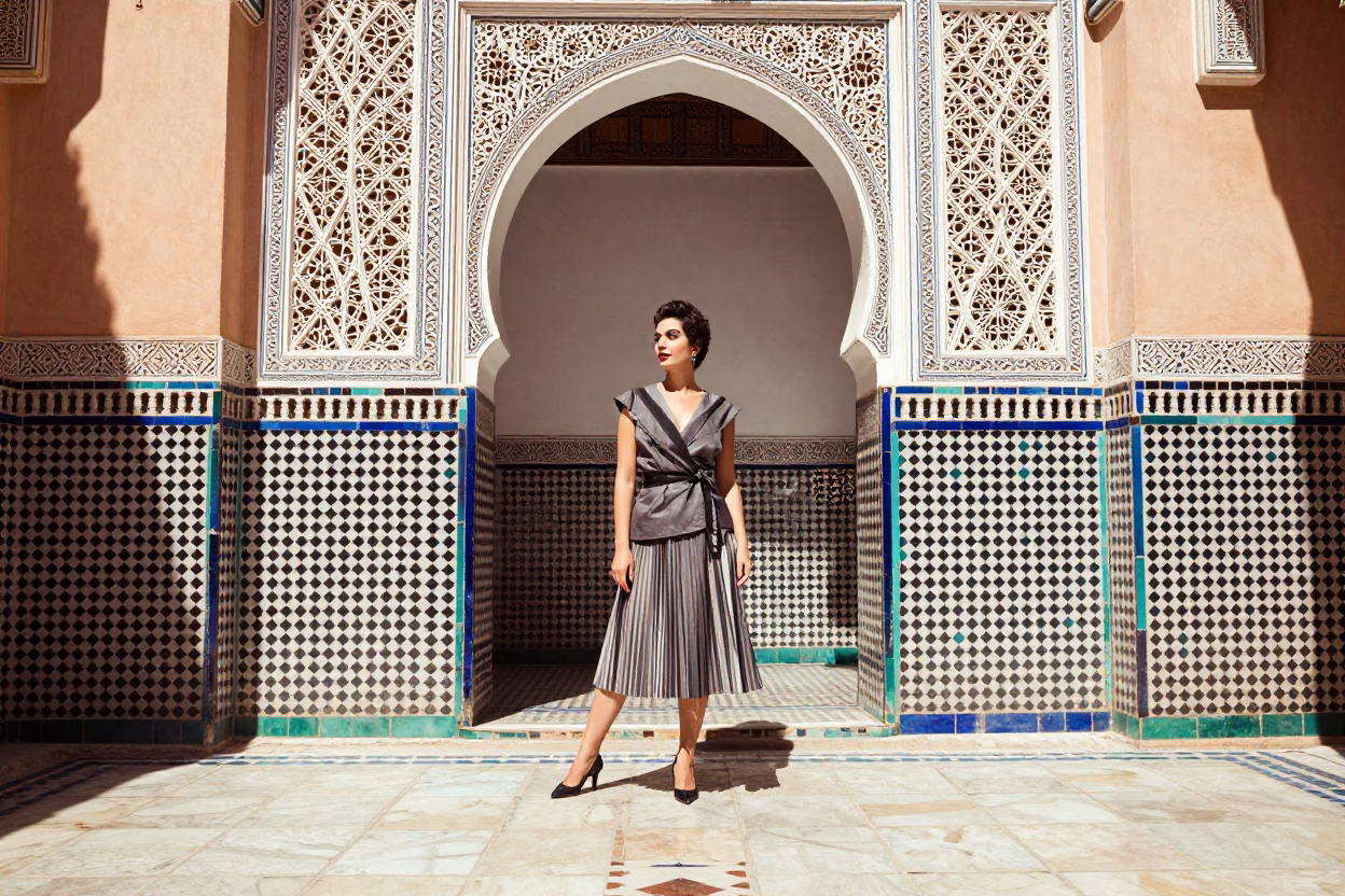 Vintage 1950s High Fashion Portrait in Marrakech Medina Bright Midmorning Light in in Marrakech, Morocco