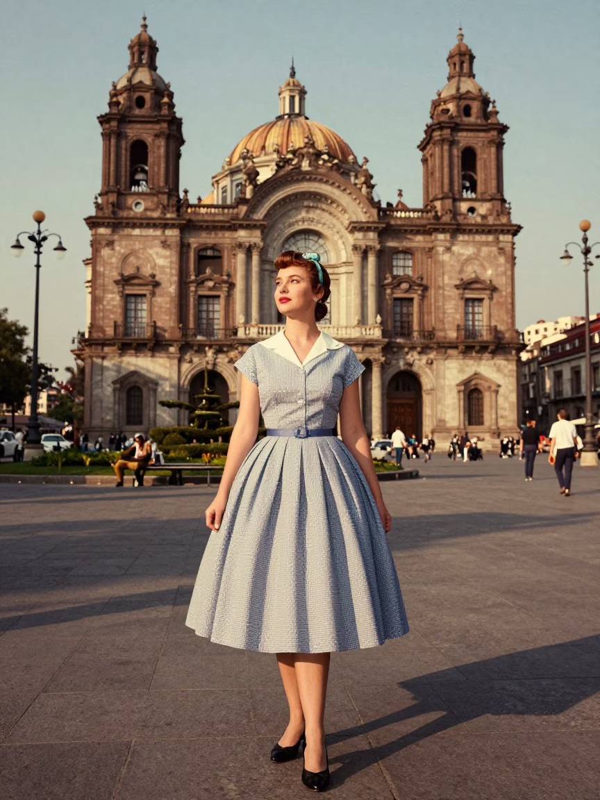 Vintage 1950s High Fashion Portrait in Mexico City Plaza with Park Bench in in Mexico City, Mexico