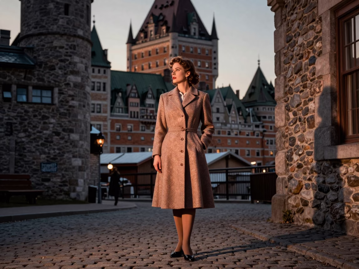 Vintage 1950s High Fashion Portrait in Quebec City Copper Light with Terracotta Pot in in Quebec City, Quebec, Canada