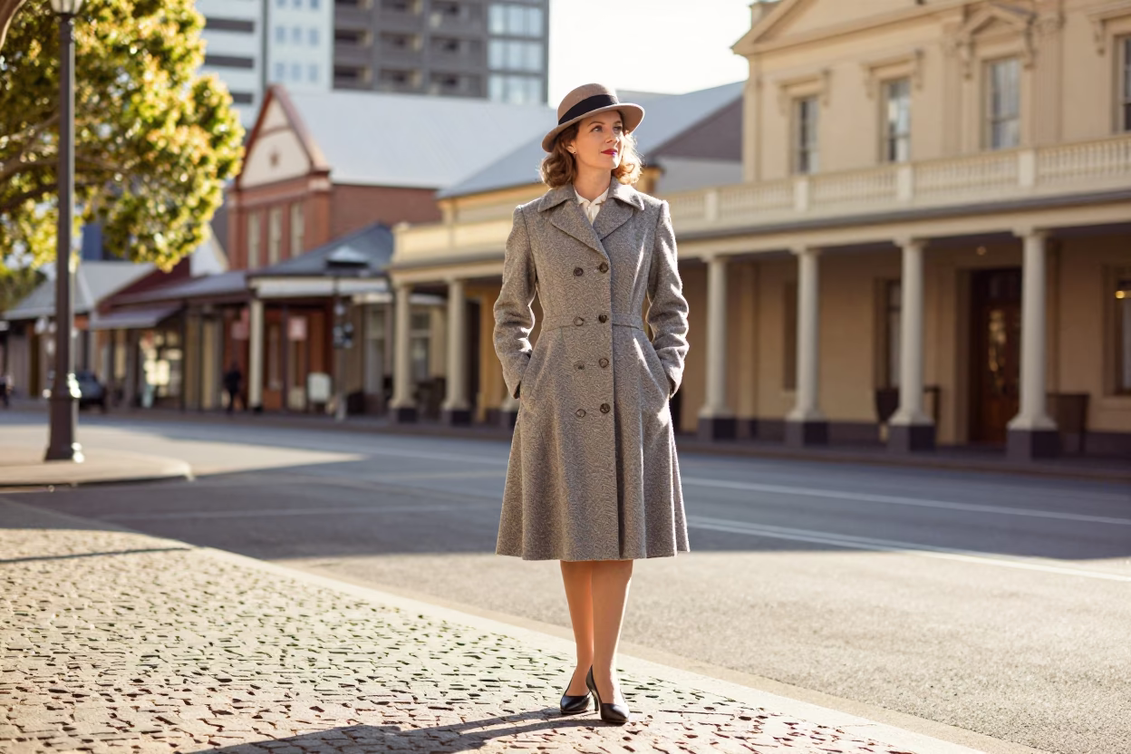 Vintage 1950s High Fashion Portrait of a Woman in Hobart Tasmania Late Morning in in Hobart, Tasmania, Australia