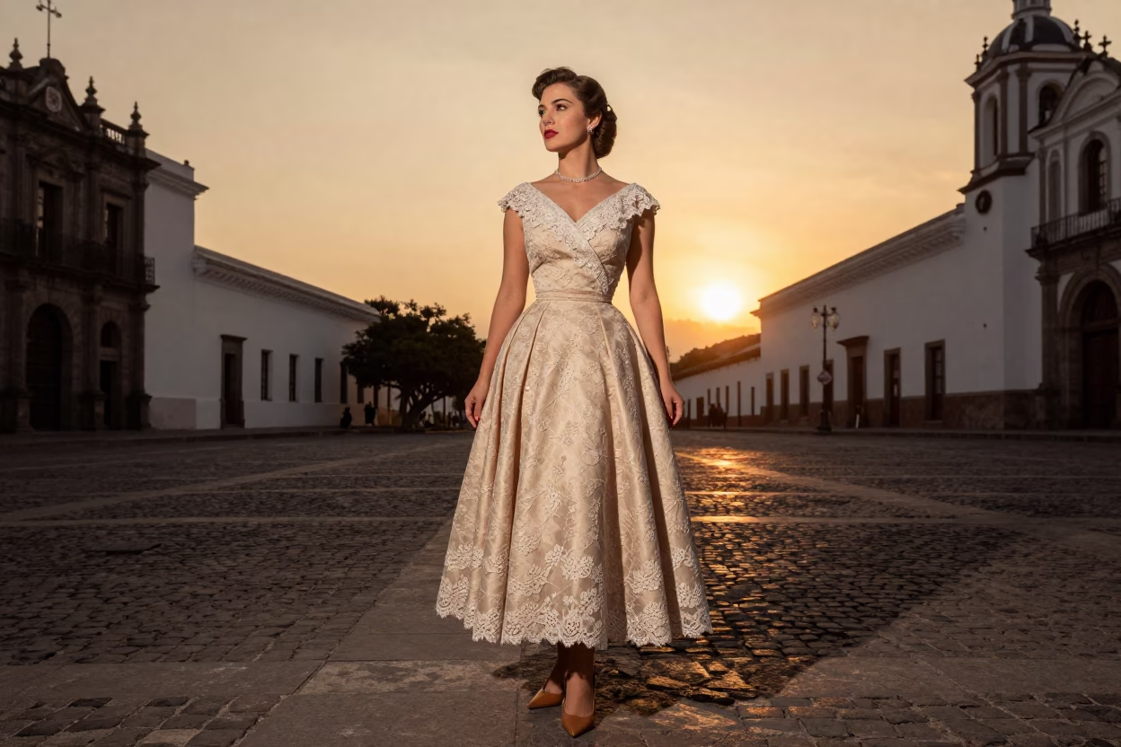 Vintage 1950s High Fashion Portrait of Elegant Woman in Quito Plaza at Sunset in in Quito, Ecuador