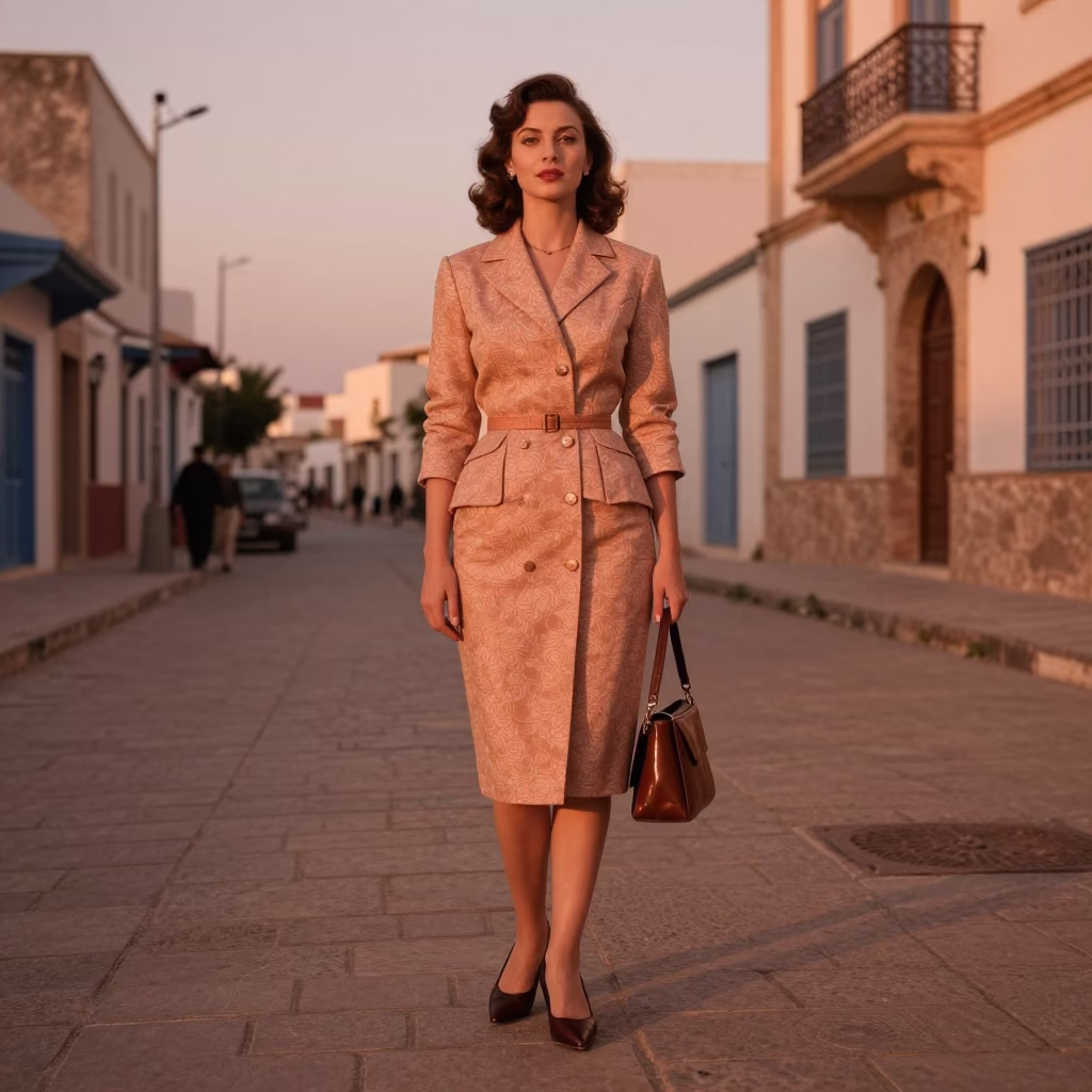 Vintage 1950s High Fashion Portrait of Elegant Woman in Tunisian Street Before Dusk in in Tunis, Tunisia