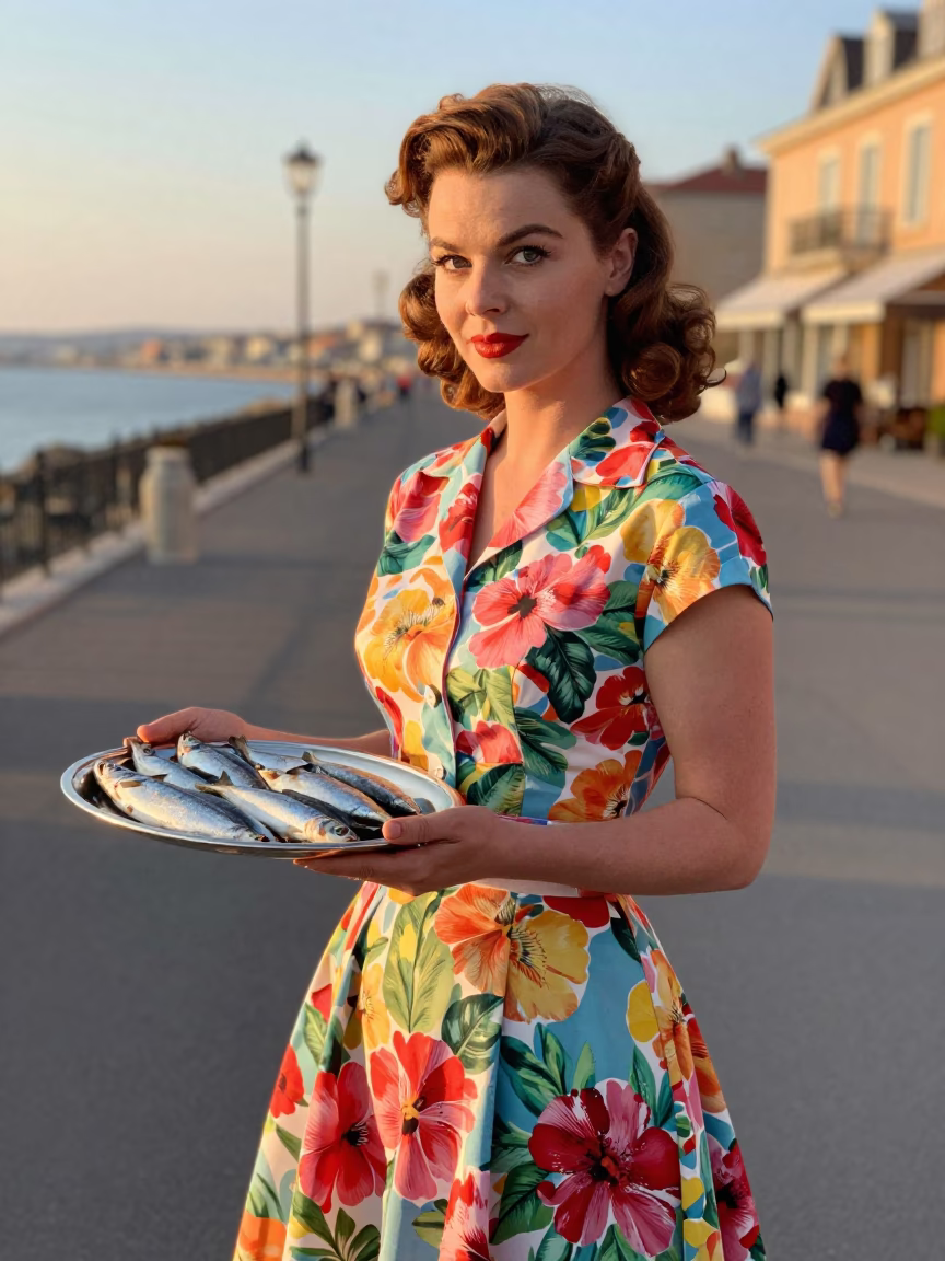 Vintage 1950s High Fashion Portrait of Elegant Woman with Sardines in Nice France in in Nice, France