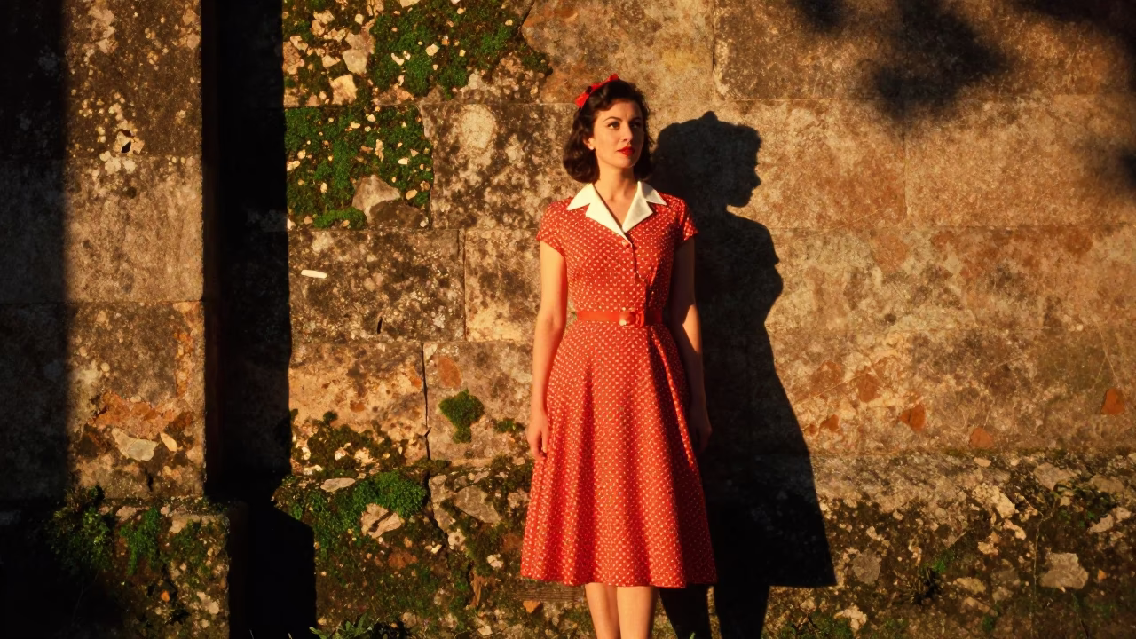Vintage 1950s High Fashion Sunset Portrait in Bilbao Spain with Mossy Stone Wall in in Bilbao, Spain
