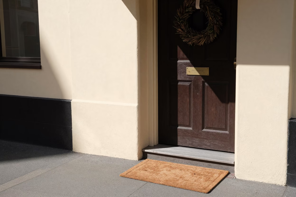 Vintage 1950s Hobart Street Scene with Doormat and Wreaths in Bright Midmorning Light in in Hobart, Tasmania, Australia