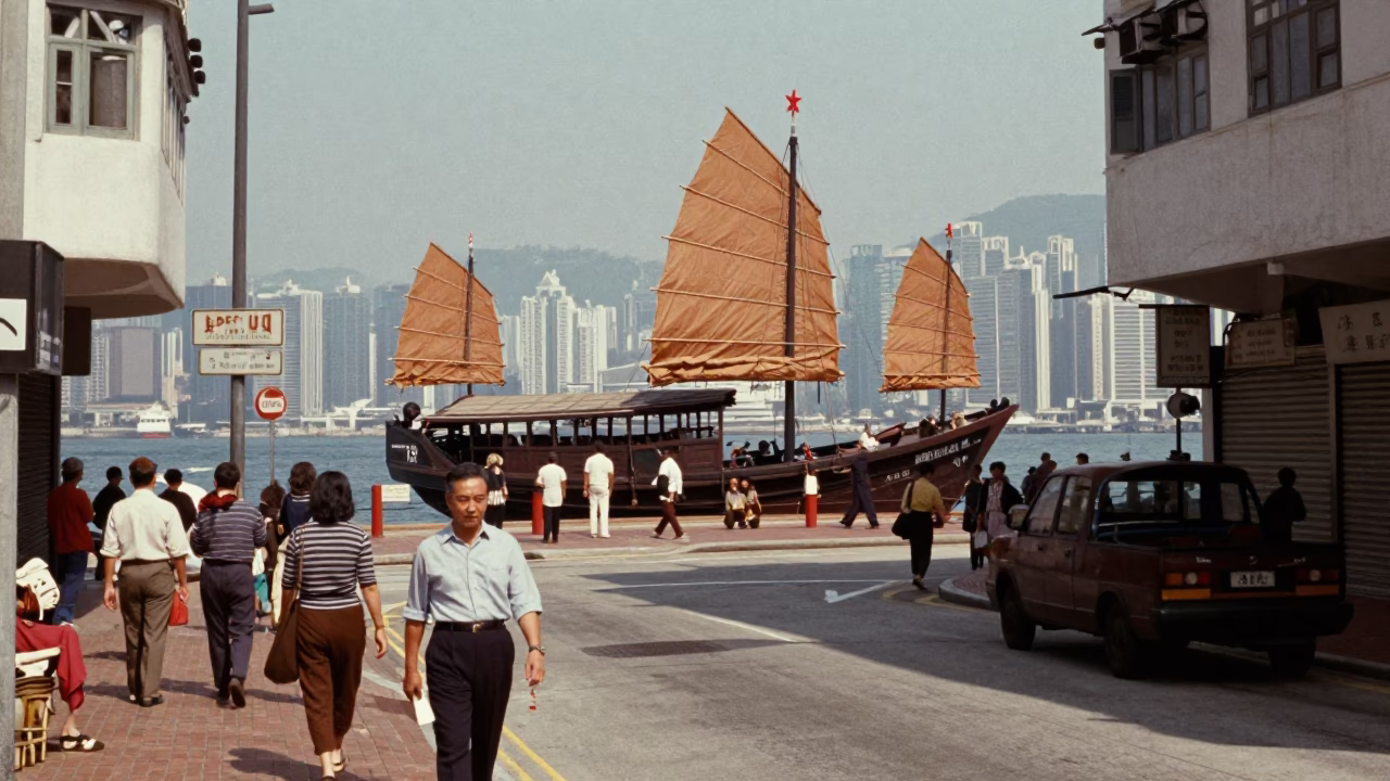 Vintage 1950s Hong Kong Street Scene with Chinese Junk Boat in Bright Midmorning Light in in Hong Kong, Hong Kong
