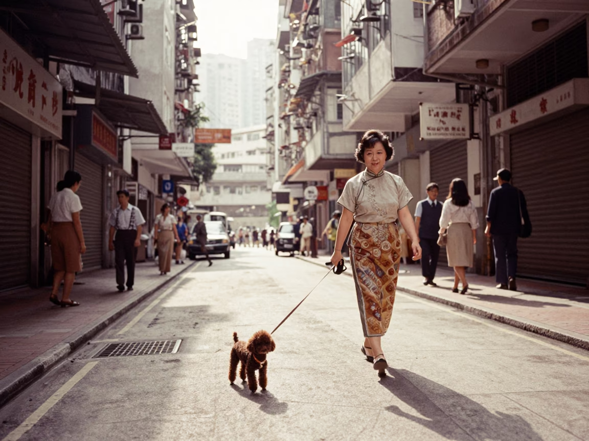 Vintage 1950s Hong Kong Street Scene with Toy Poodle and Coat Hook in in Hong Kong, Hong Kong