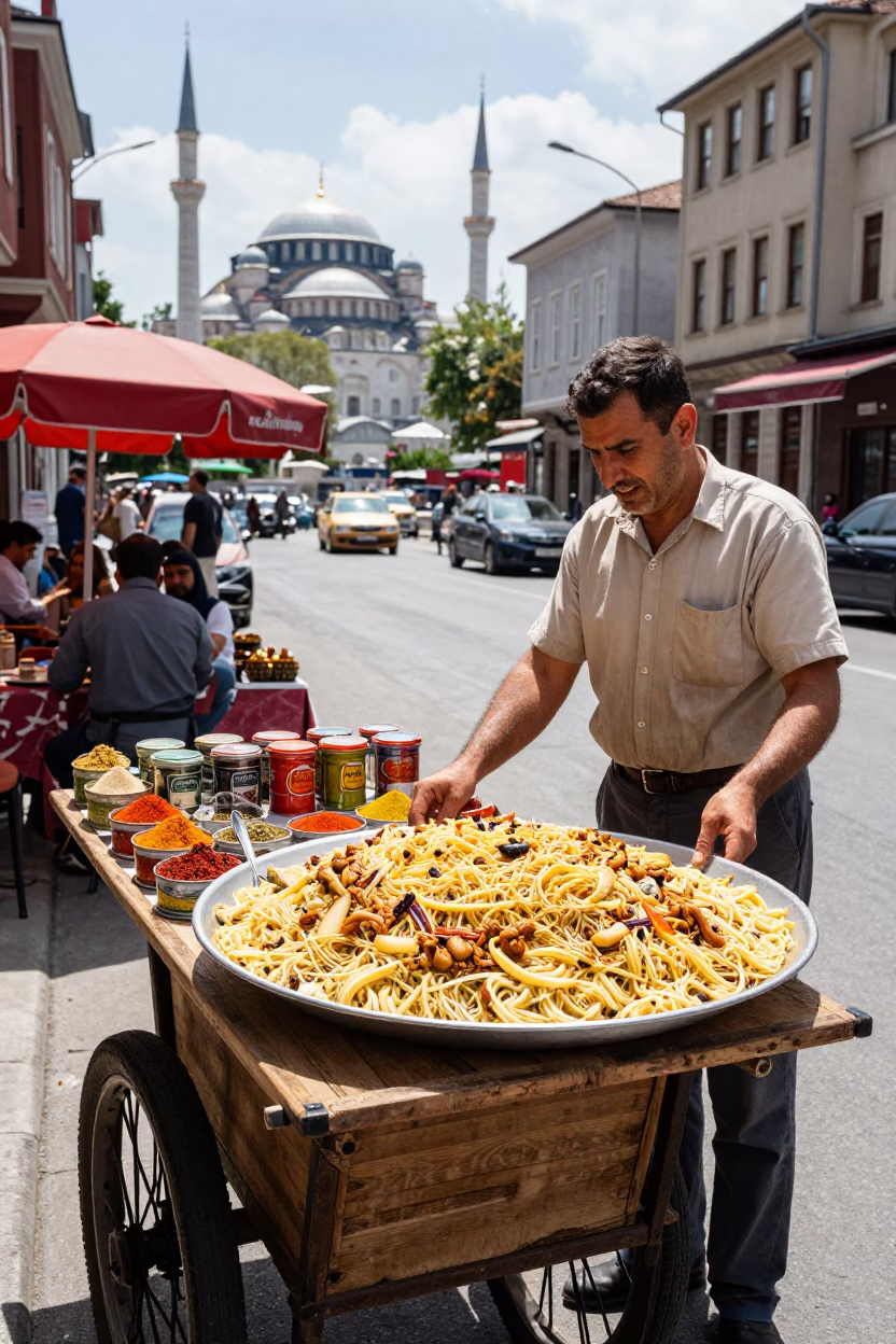 Vintage 1950s Istanbul Street Scene with Koshari Plate and Spices in in Istanbul, Turkey