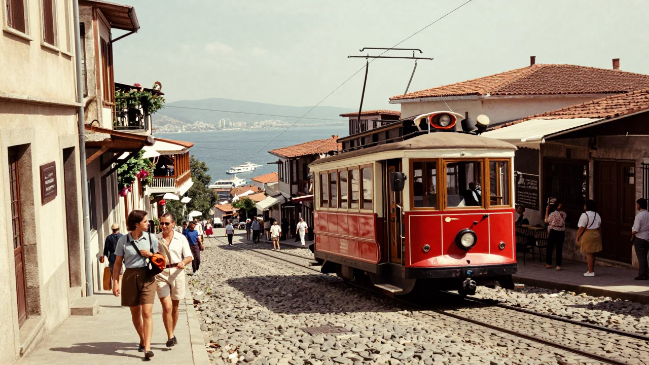 Vintage 1950s Izmir Turkey Street Scene with Funicular Railway and Cliffside Architecture in in Izmir, Turkey