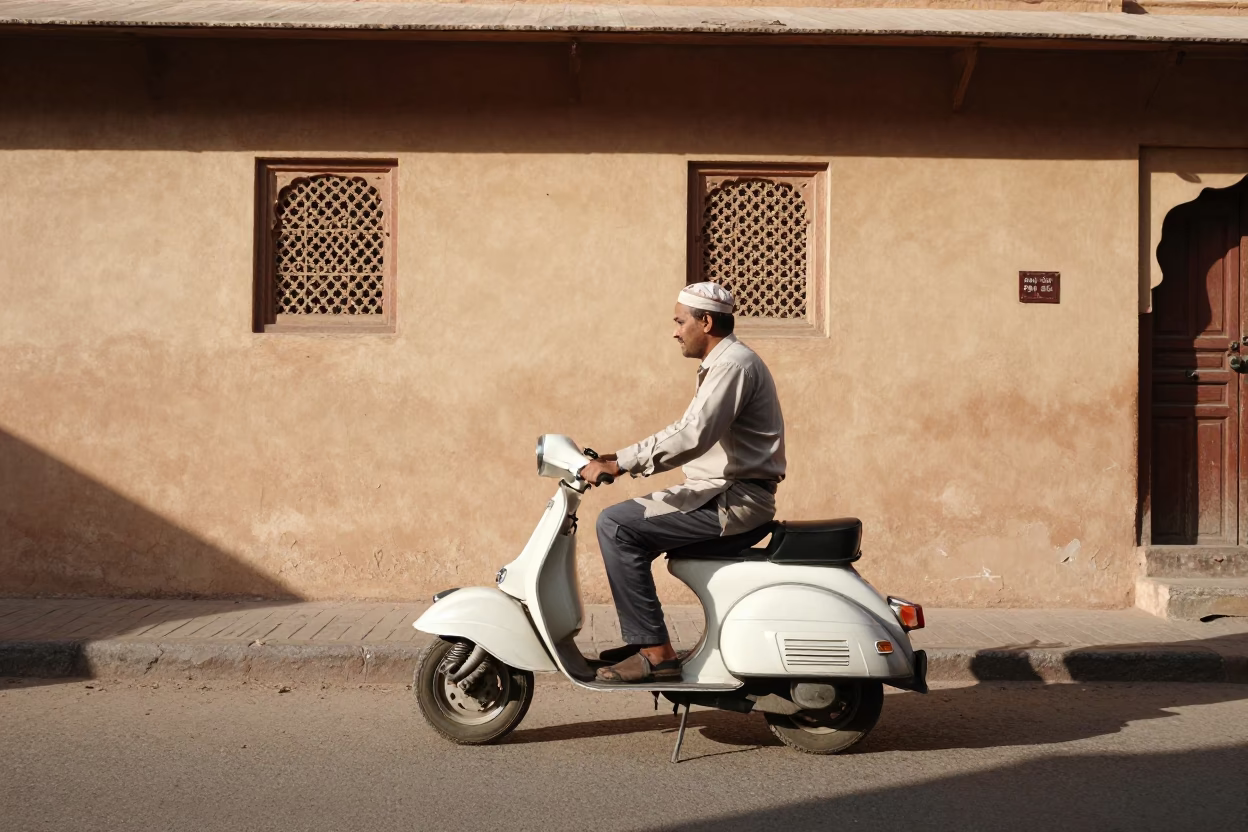 Vintage 1950s Jaipur Street Scene with Scooter and Traditional Architecture in in Jaipur, India