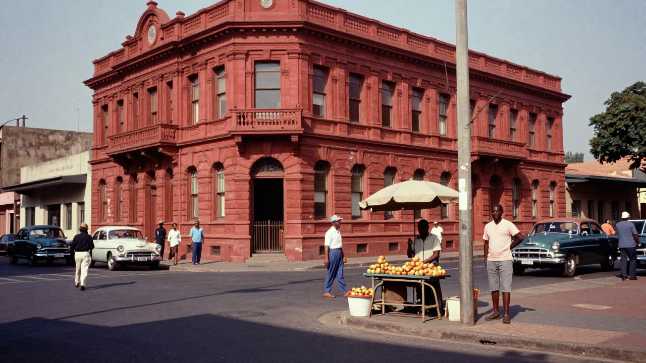 Vintage 1950s Johannesburg Street Scene with Apple Vendor and Bicycle in in Johannesburg, South Africa
