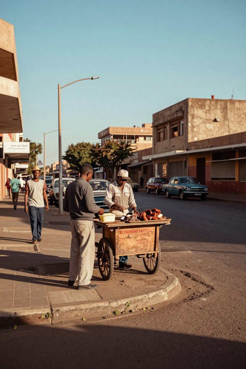 Vintage 1950s Johannesburg Street Scene with Biltong Tray and Sunlight in in Johannesburg, South Africa