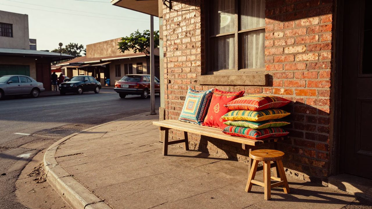 Vintage 1950s Johannesburg street scene with colorful cushions and stool on wooden bench in in Johannesburg, South Africa