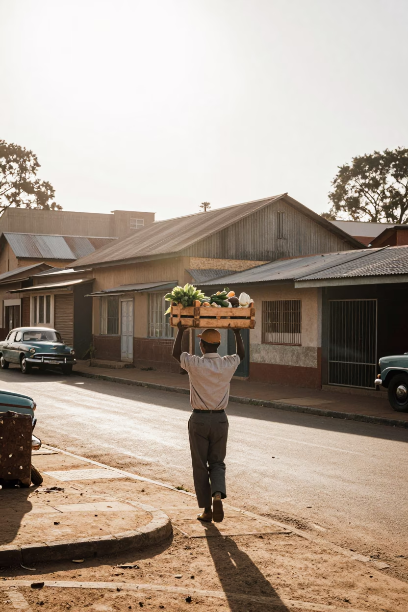 Vintage 1950s Johannesburg Street Scene with Morning Light and Local Commerce in in Johannesburg, South Africa