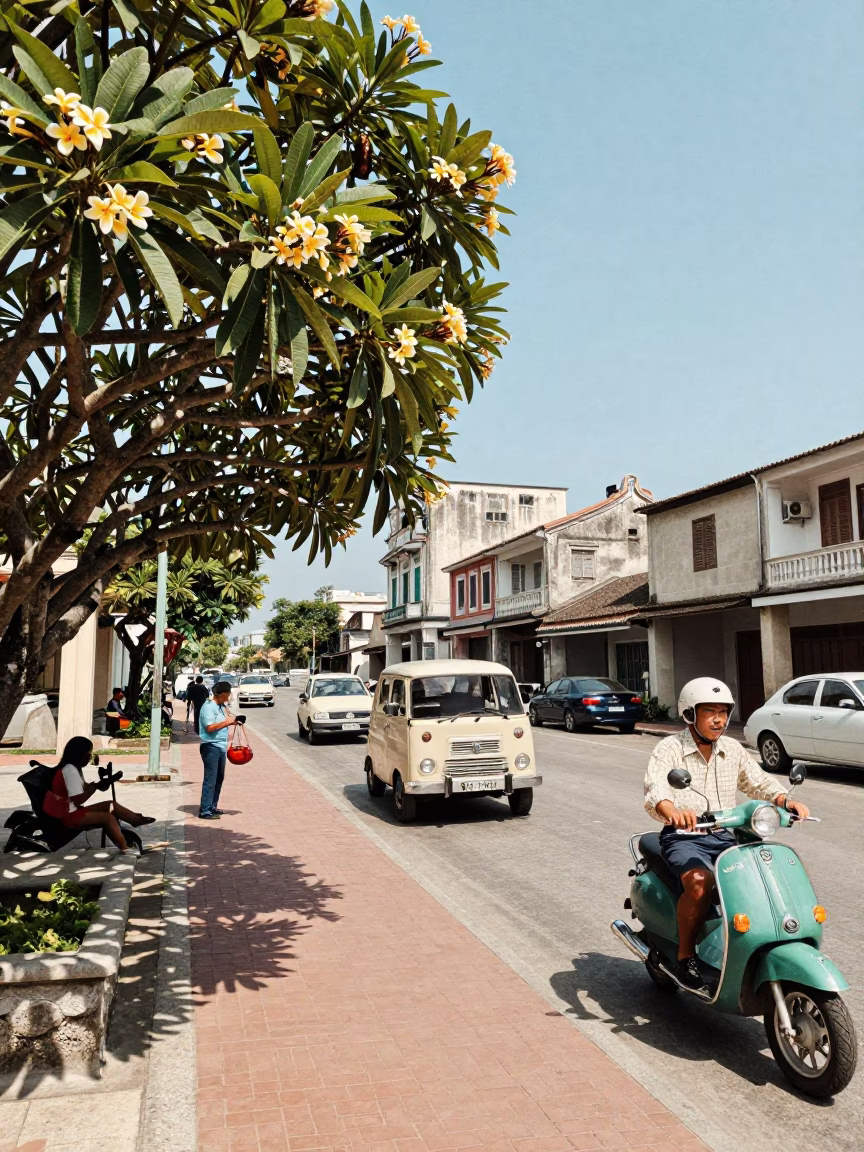 Vintage 1950s Kaohsiung street scene with blooming frangipani tree and bustling local commerce in in Kaohsiung, Taiwan