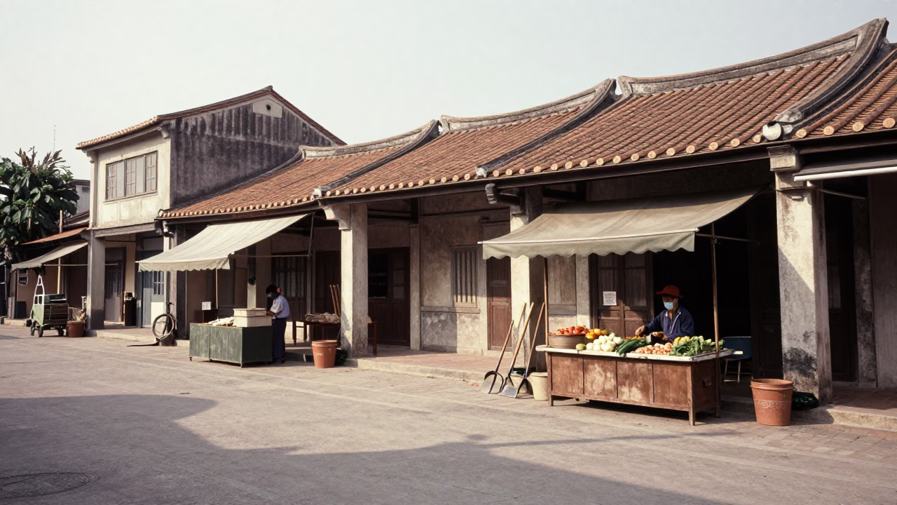 Vintage 1950s Kaohsiung street scene with garden tools and local commerce in in Kaohsiung, Taiwan