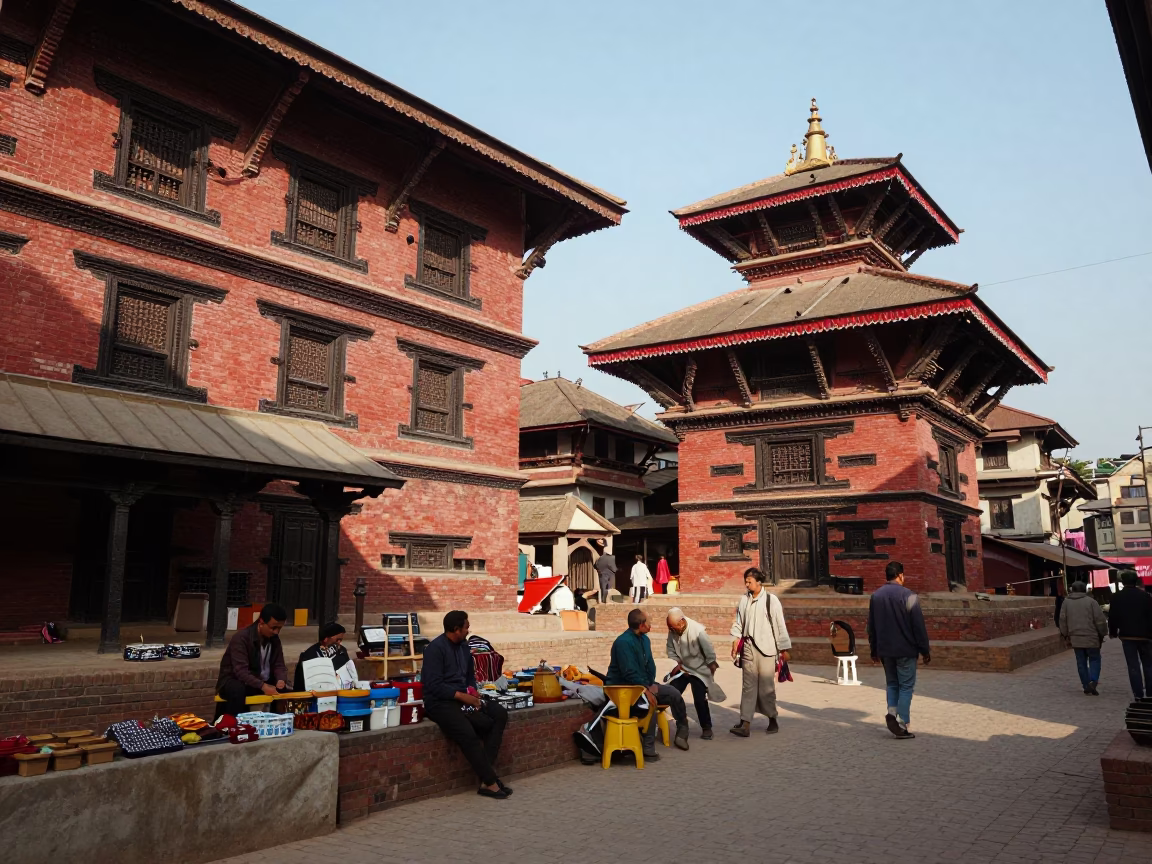 Vintage 1950s Kathmandu Street Scene with Local Market Goods and Traditional Architecture in in Kathmandu, Nepal