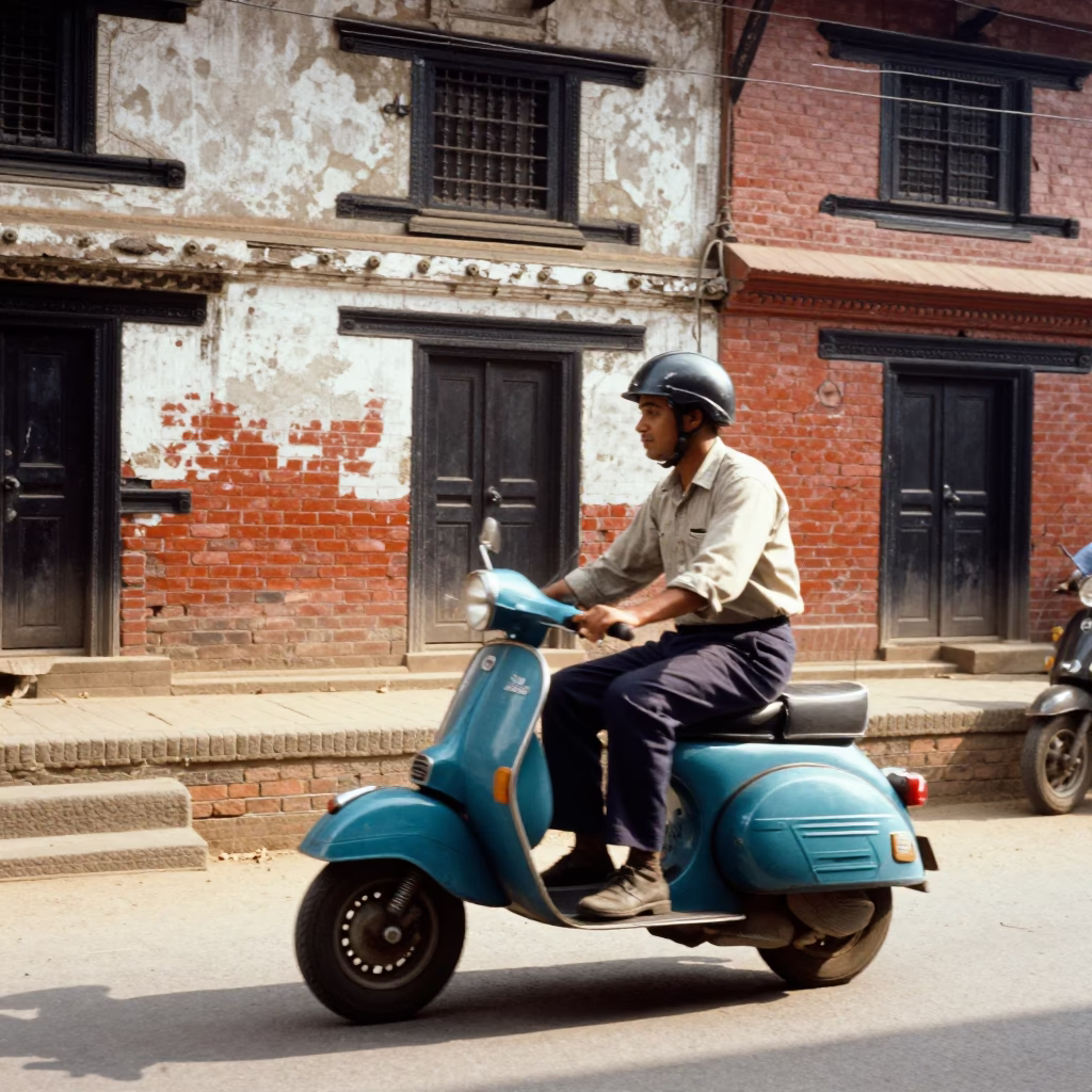 Vintage 1950s Kathmandu Street Scene with Scooter and Local Market Activity in in Kathmandu, Nepal