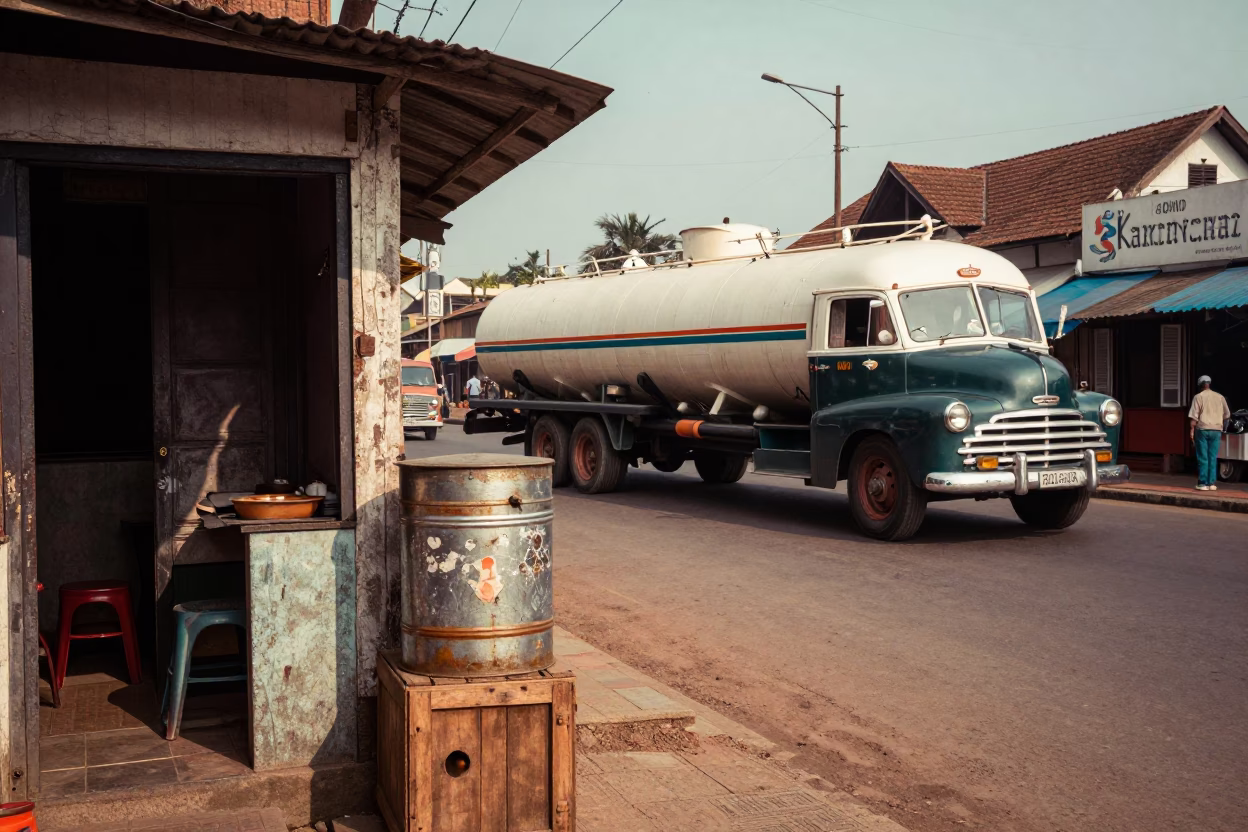 Vintage 1950s Kochi India Street Scene with Tanker Ship and Local Life in in Kochi, India