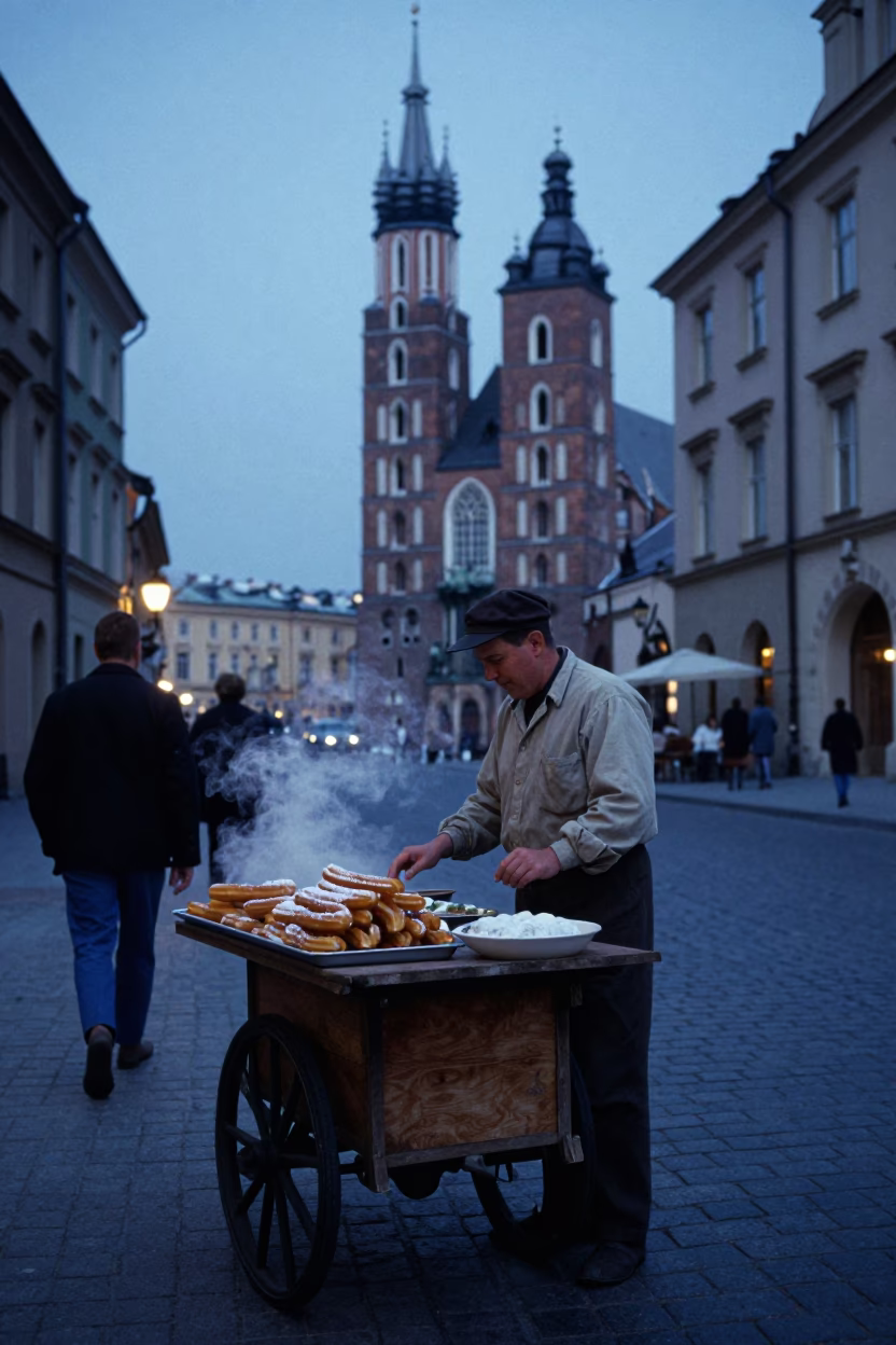 Vintage 1950s Krakow Street Scene with Local Vendor and Traditional Pitcher at Dawn in in Krakow, Poland