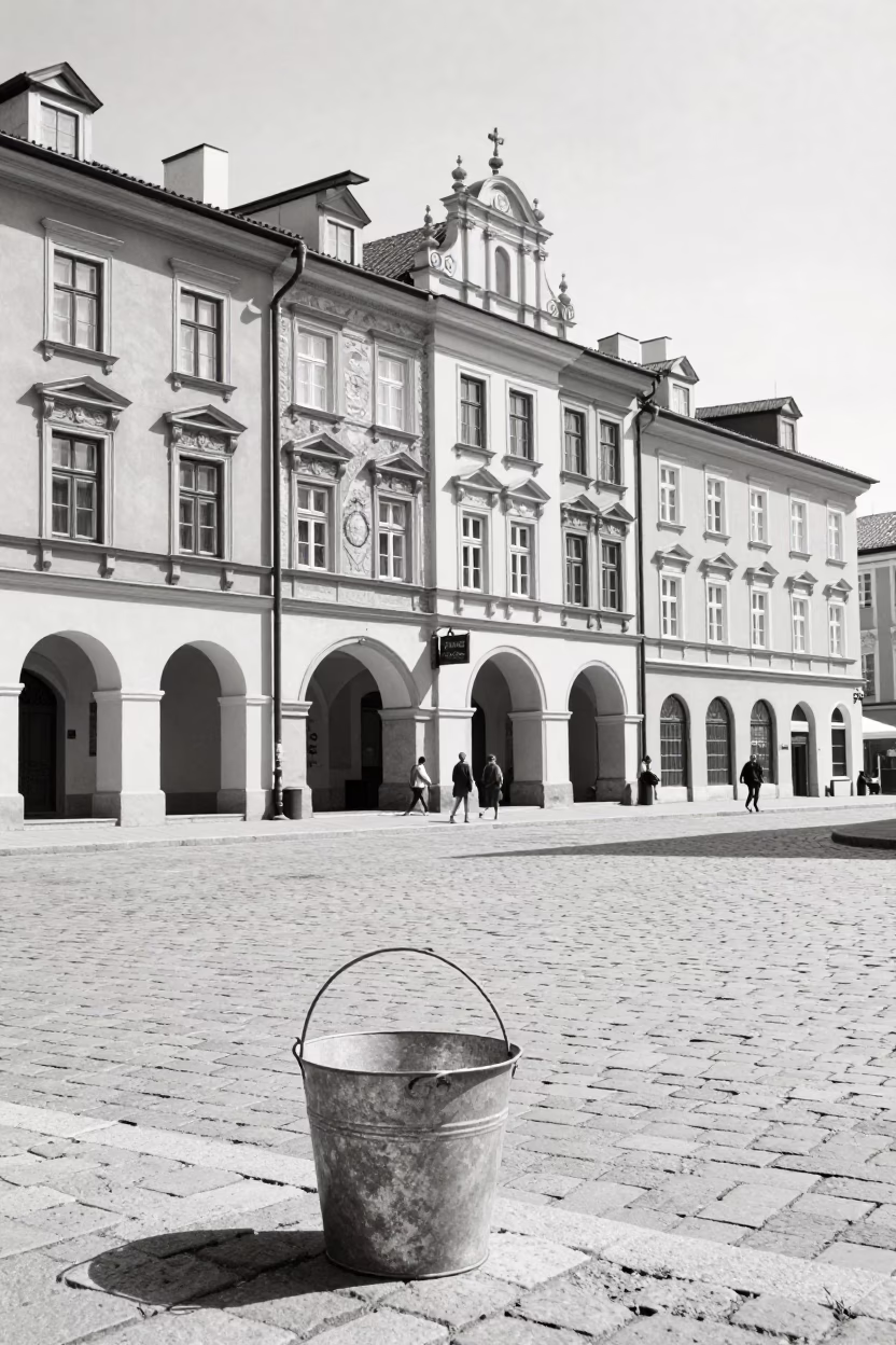 Vintage 1950s Krakow Street Scene with Metal Bucket and Local Daily Life in in Krakow, Poland