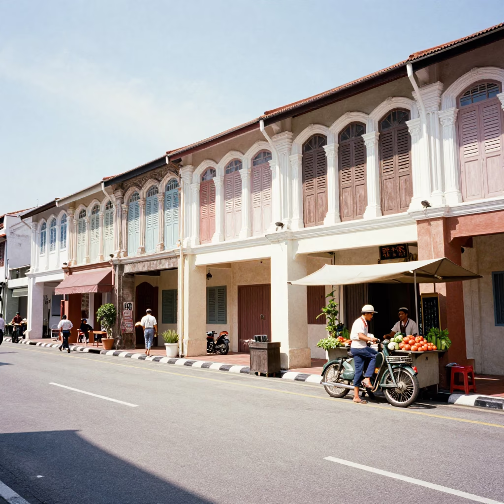 Vintage 1950s Kuala Lumpur street scene with colonial architecture and local commerce in in Kuala Lumpur, Malaysia