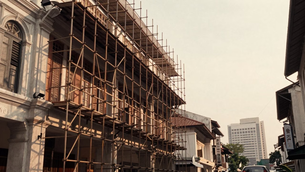 Vintage 1950s Kuala Lumpur Street Scene with Geometric Scaffold Against Sunset Sky in in Kuala Lumpur, Malaysia