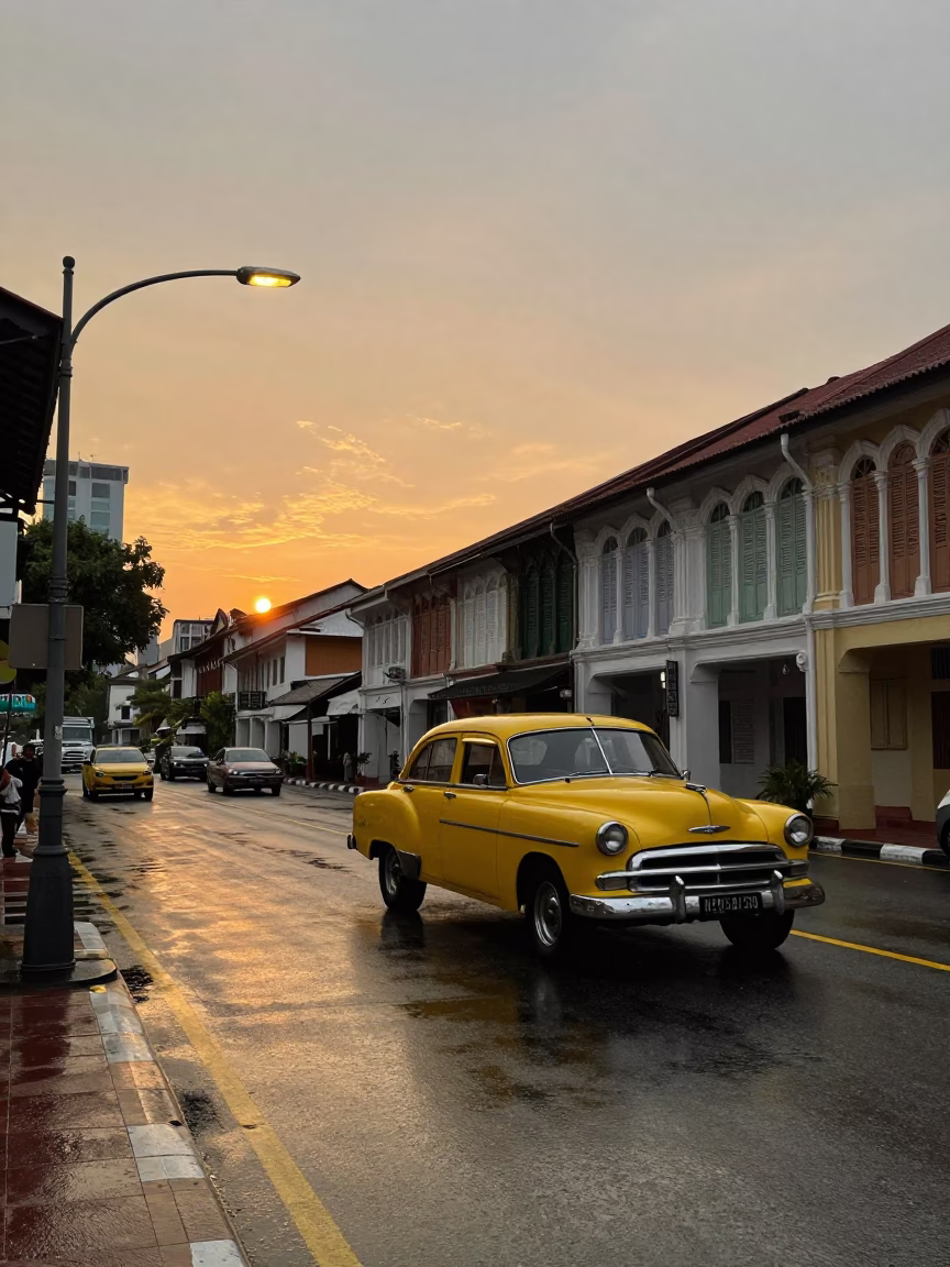 Vintage 1950s Kuala Lumpur Street Scene with Yellow Taxi at Sunset in in Kuala Lumpur, Malaysia