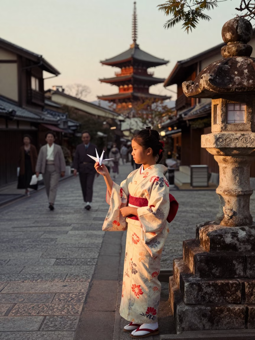 Vintage 1950s Kyoto Street Scene at Sunset with Origami Crane in in Kyoto, Japan