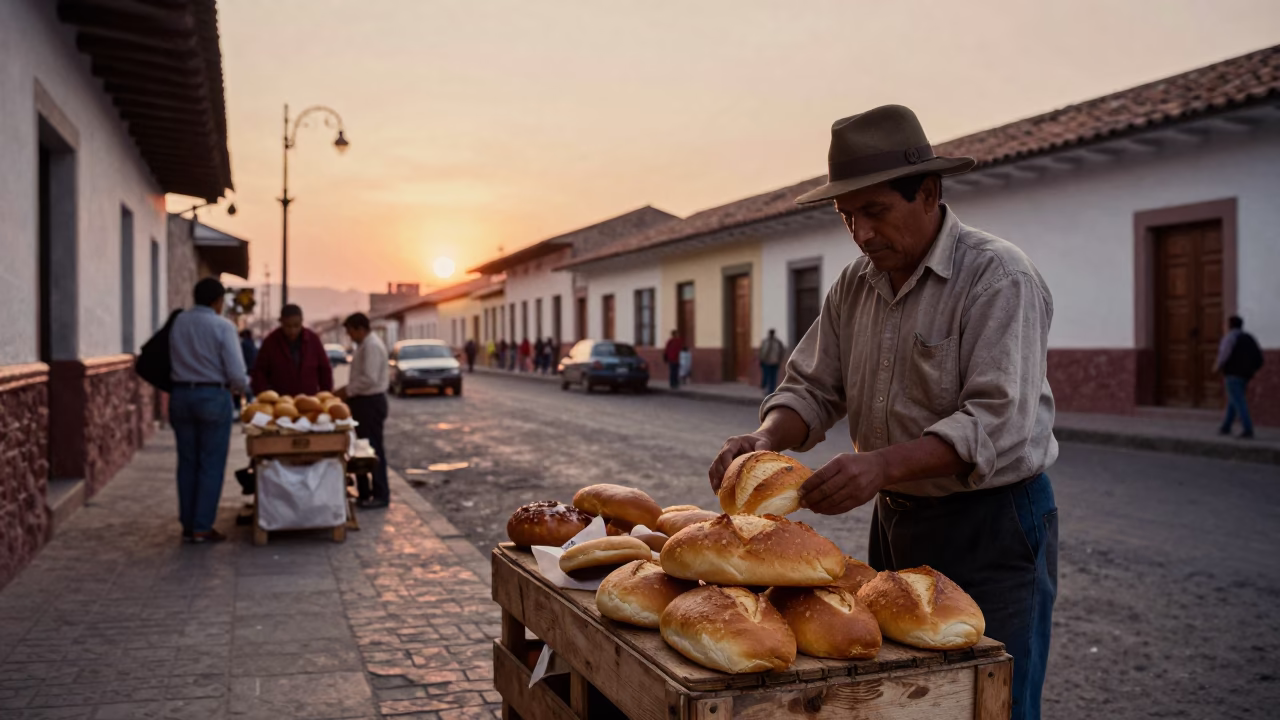 Vintage 1950s Lima Peru Street Scene with Bread Loaves and Fruit Crate at Sunset in in Lima, Peru