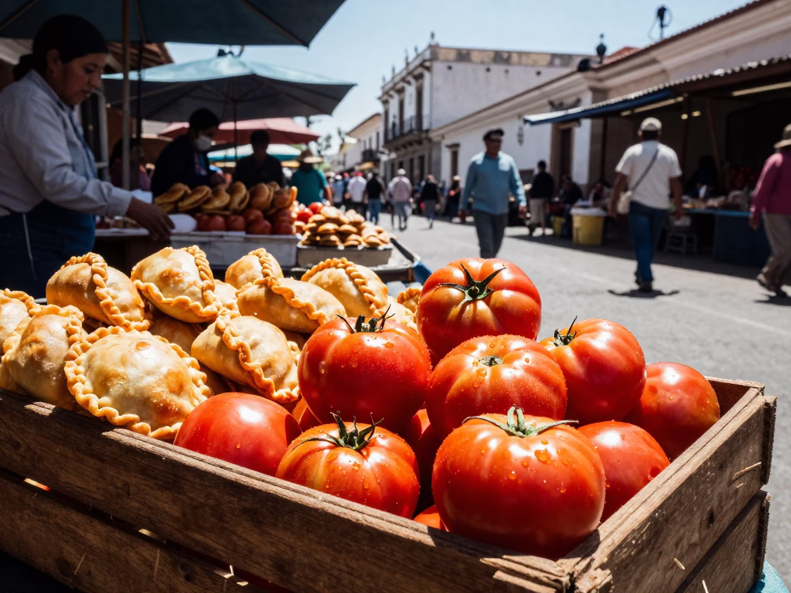 Vintage 1950s Lima Street Market Scene with Golden Empanadas and Fresh Tomatoes in in Lima, Peru