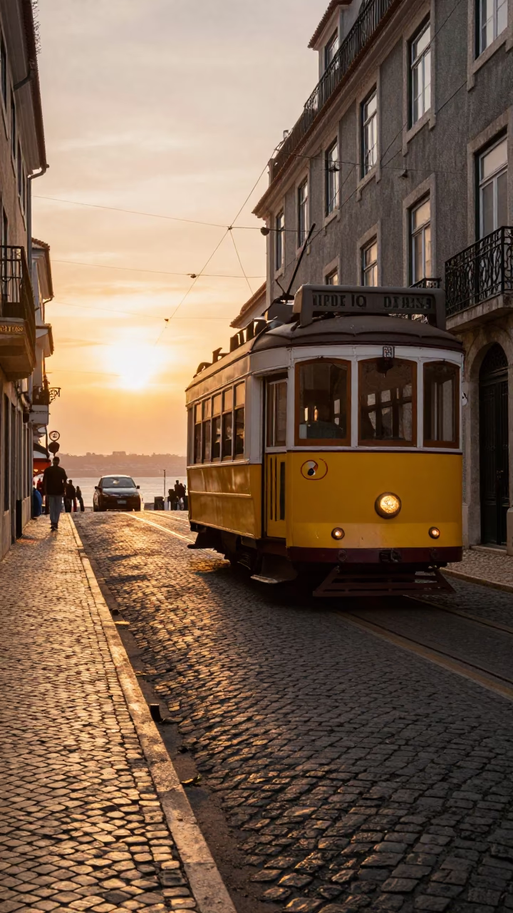 Vintage 1950s Lisbon Heritage Tram on Cobblestone Avenue at Sunset in in Lisbon, Portugal