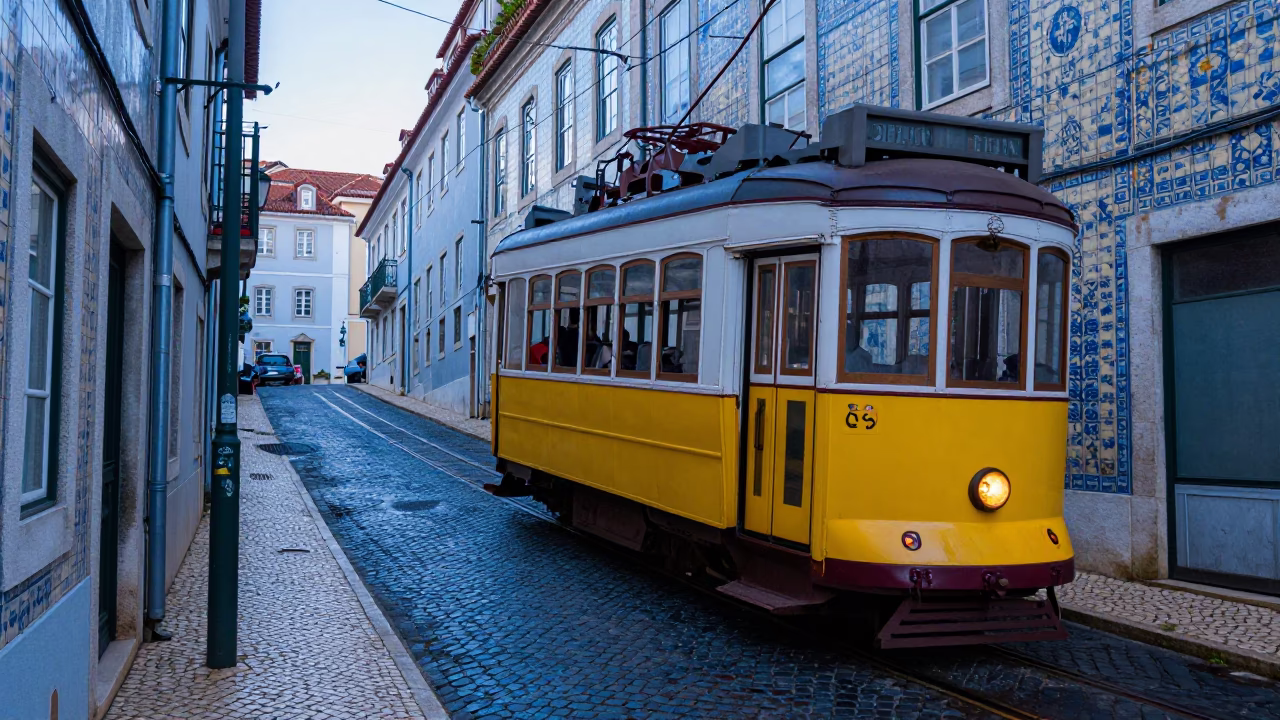 Vintage 1950s Lisbon Morning Tram Climbing Steep Cobblestone Hill Before Sunrise in in Lisbon, Portugal