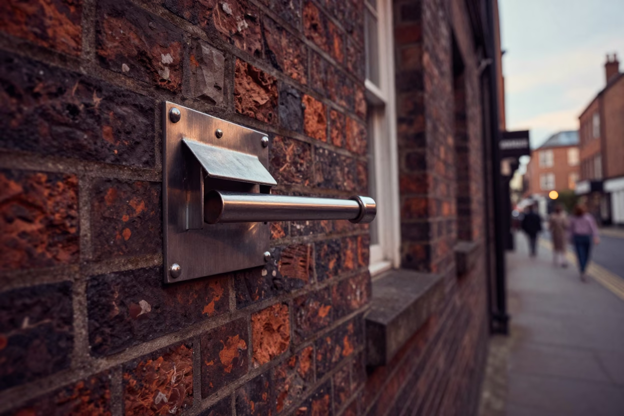 Vintage 1950s Liverpool street scene with brushed steel latch and early evening light in in Liverpool, United Kingdom