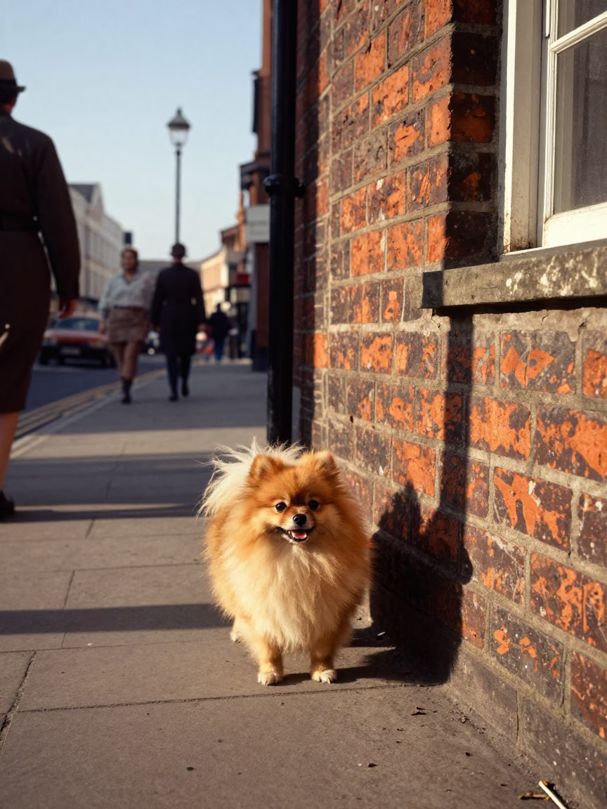 Vintage 1950s Liverpool Street Scene with Pomeranian Dog in Late Afternoon Light in in Liverpool, United Kingdom