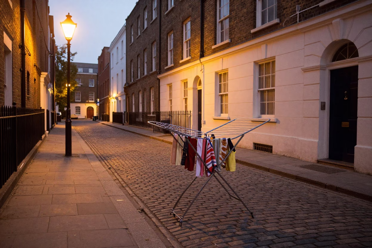 Vintage 1950s London Evening Street Scene with Drying Rack and Ceramic Plates in in London, United Kingdom