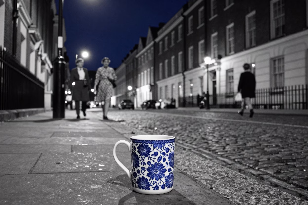 Vintage 1950s London Night Street Scene with Blue Floral Mug and Scooter on Promenade in in London, United Kingdom