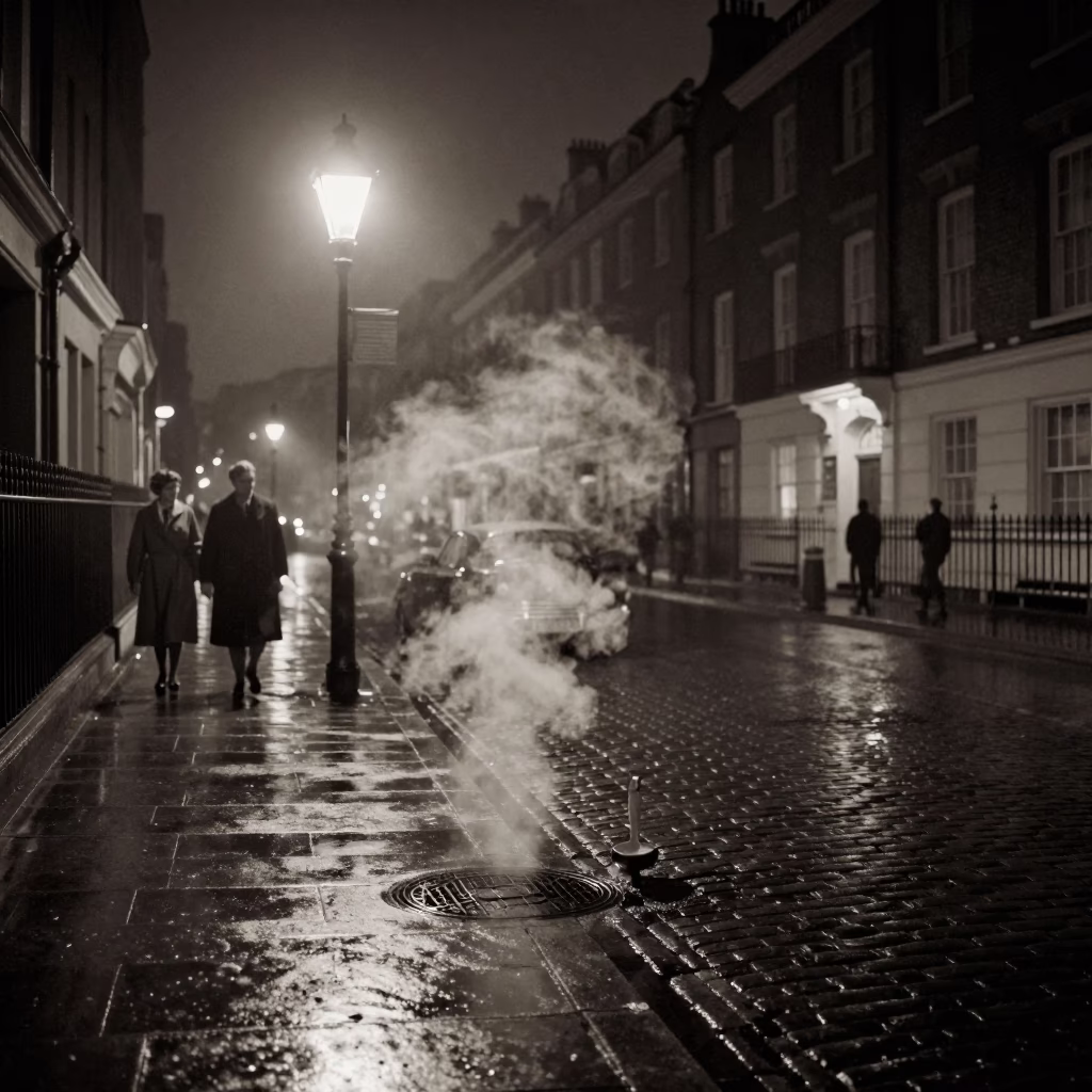 Vintage 1950s London Night Street Scene with Ladle and Baking Sheet in in London, United Kingdom
