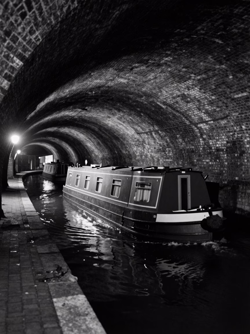 Vintage 1950s London Night Street Scene with Narrowboat in Brick Canal Tunnel in in London, United Kingdom
